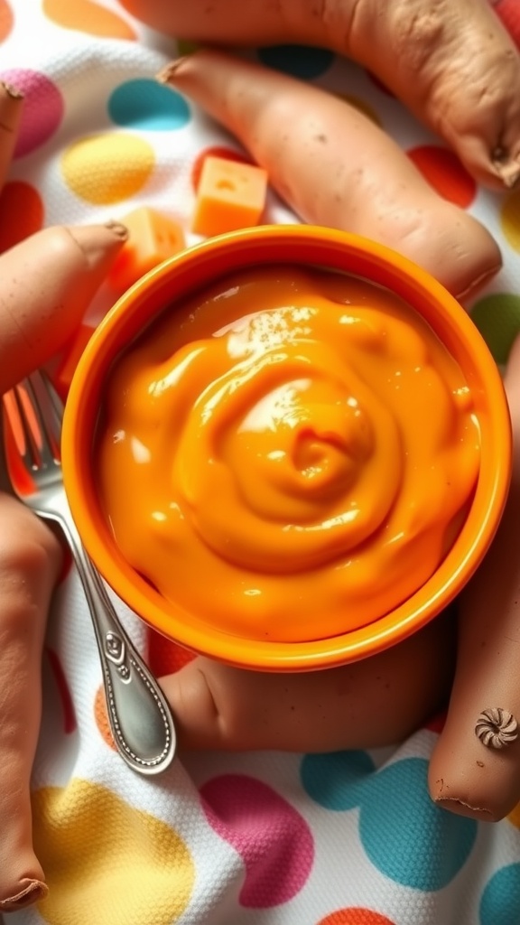 Creamy sweet potato puree for babies in a colorful bowl with fresh sweet potatoes.
